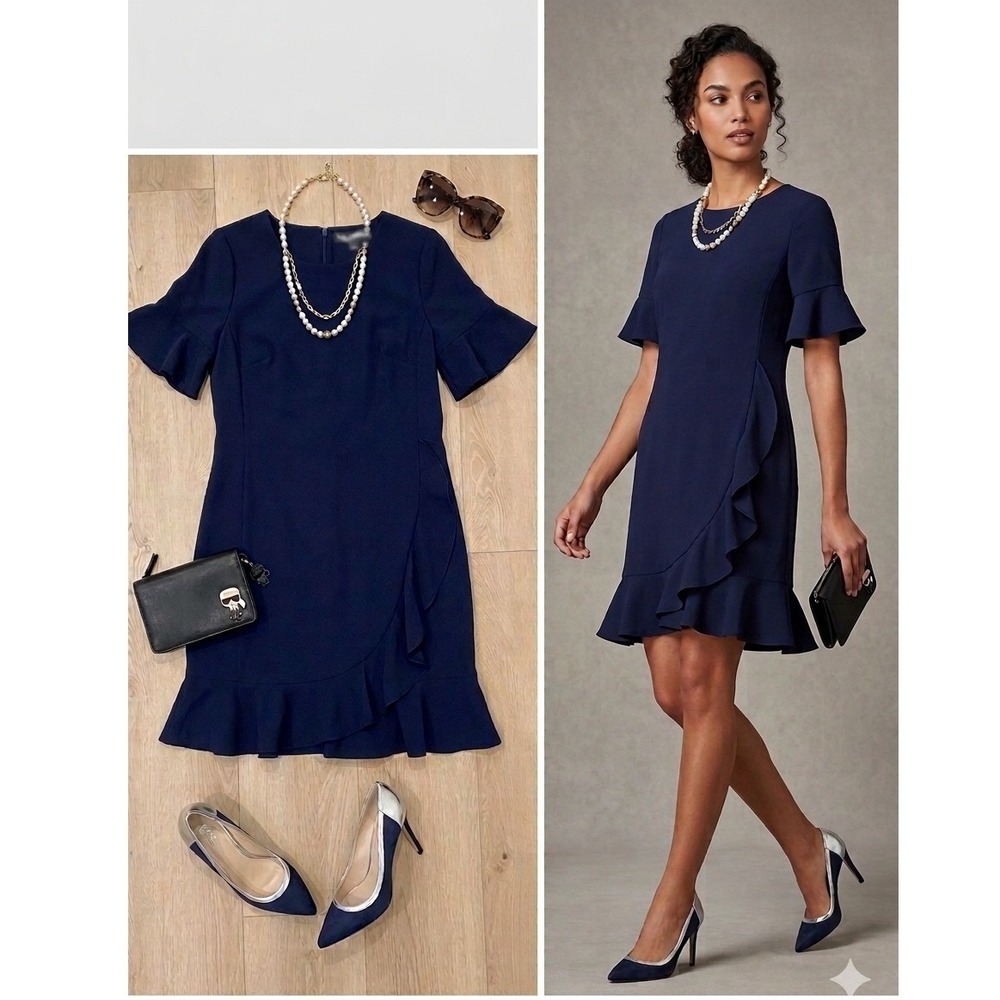 Karl Lagerfeld Navy Blue Ruffle Trim Sheath Dress Short Bell Sleeve Size 12